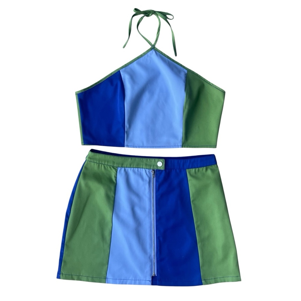 Cider Two-Piece Color-block Set Halter and Mini Skirt Size M Blue and Green